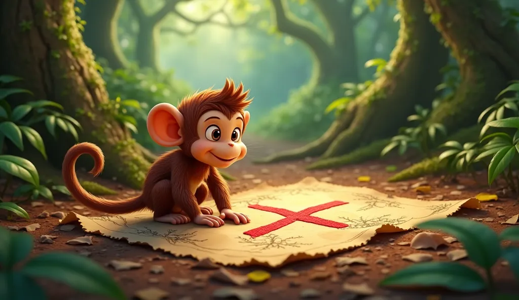 On the forest floor, covered with dry leaves, an aged, scrawled map rests, with a large red X highlighted in the center. Kiko, a curious little monkey in the style of Disney 3D, is crouched next to the map, his eyes shining with excitement and his little h...