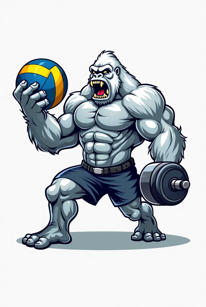 create an image for me "Muscular and athletic gorilla mascot,  with white fur , determined eyes and, imposing . He is in a dynamic and energetic pose, holding a 20-kg gym dumbbell in one hand and a blue and yellow volleyball in the other hand .  The art st...