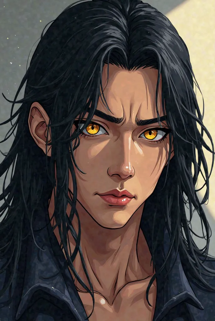 Long black hair, asian man, masculine, golden eyes, Cartoon, Chinese look