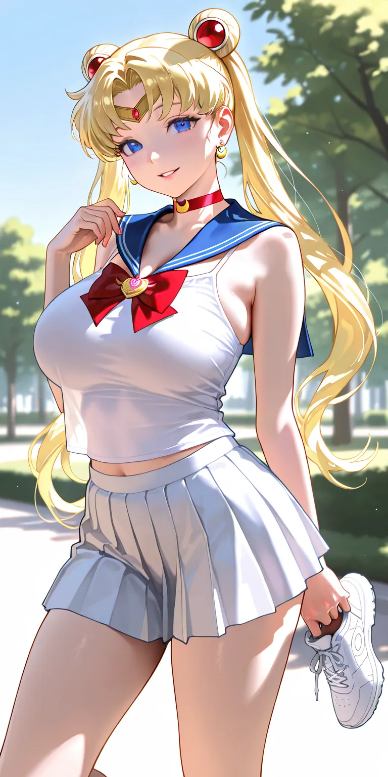 Masterpiece, newest, vibrant, very aesthetic, high contrast, mature woman, sailor moon, white camisole, yellow lace, white pleated mini skirt, white sneakers, big breast, full body, parted lips, smile, park, best quality, semrealistic, cowboy shot, fullmet...