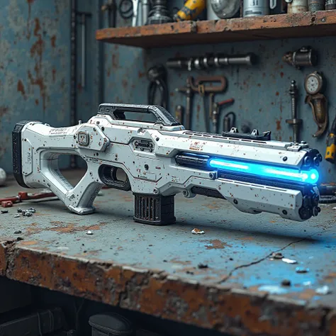 White and silver energy rifle. Blue emitter on end. On a workbench. Comic style.