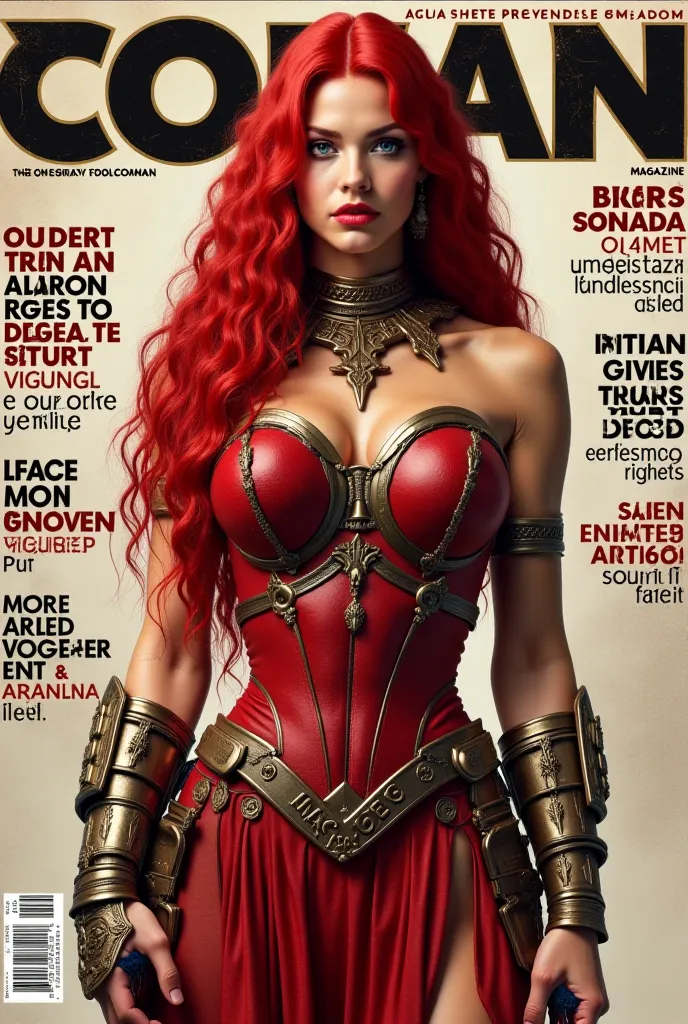 Create the cover of a fashion magazine with Red Sonja from the universodeconan real hyperrealistic woman Hyperrealism as the protagonist of the cover and with background texts as if it were a real magazine.  outfit.  hyperrealism. live action magazine. Big...