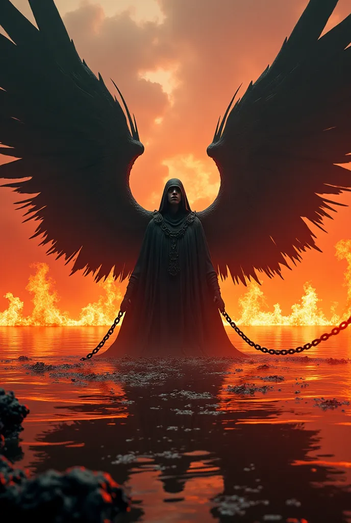 "A hellish scene with 4 dark angels looking forward with a terrifying gaze with black wings chained by chains attached to the ground in the Euphrates River surrounded by intense fire and flames. The image should convey an atmosphere of darkness, power and ...