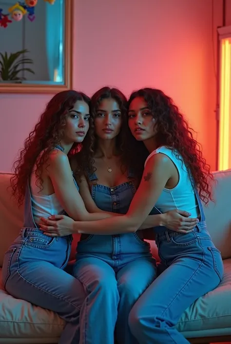 three women sitting on a couch with their arms around each other, 3 sisters look into the mirror, neon jungle, wearing blue jean overalls, beautiful girls, photo shoot, promotional photoshoot, promo still, older sister vibes, taken in 2 0 2 0, photoshoot, ...