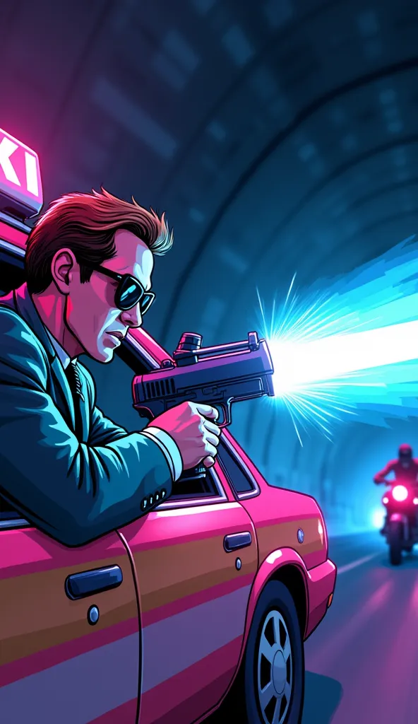 A cartoon-style scene showing a detailed close-up of the canguro, wearing a suit and dark sunglasses, leaning out of the taxi window. With a determined look, he’s aiming an absurd, oversized laser pistol with vibrant neon colors. The pistol glows brightly ...