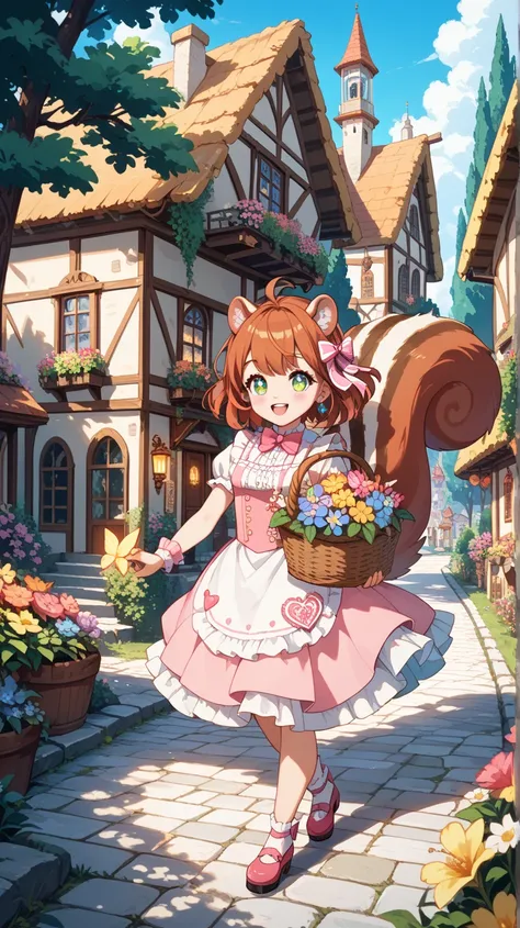 「An adorable squirrel, wearing a tiny pink dress with a cute bow, carrying a basket of colorful flowers, in a whimsical forest village. The squirrel has big, sparkling eyes and a fluffy tail, smiling as it walks along a cobblestone path. The background is ...