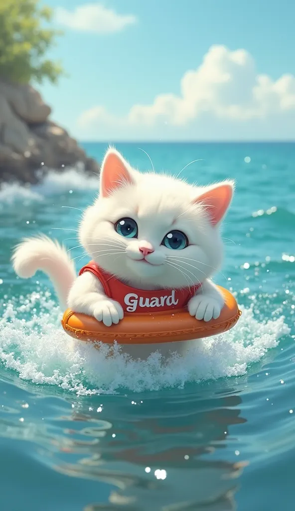 A white cat wearing a swimsuit with the inscription 'Guard' swims out to sea carrying an orange float