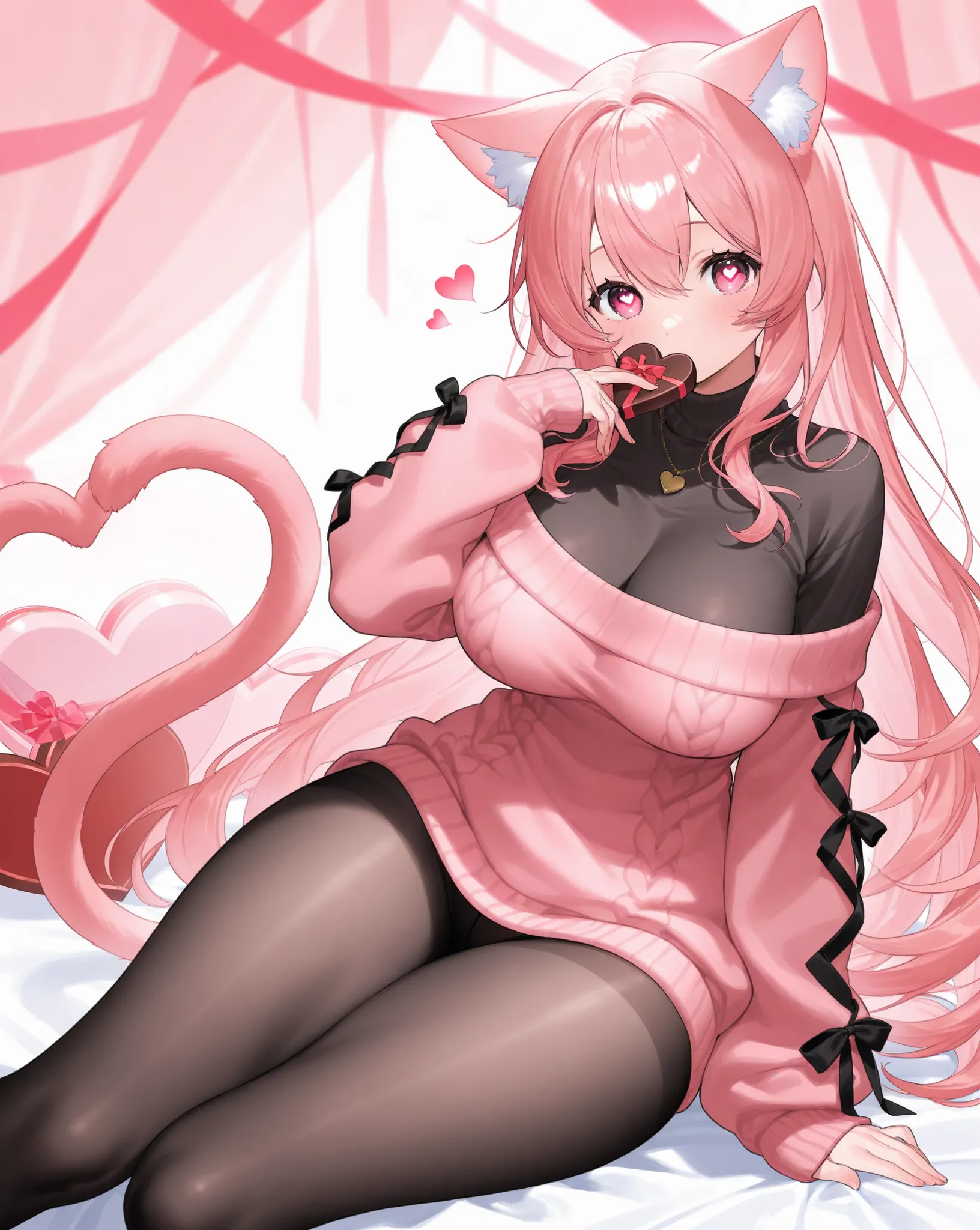 、   best thighs、  beautiful skin、High Resolution、  Sweater clothes 、 pink hair、salmon pink eyes、  black tights、cat tail、Beautiful breasts、E Cup、 Valentine、 Heart Eyes 、illustrations、Kiss、