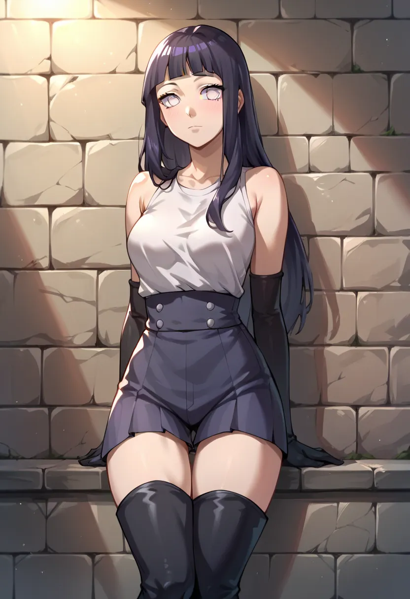 score_9, score_8_up, score_7_up, score_6_up, score_5_up, score_4_up, source_anime, 1girl, hyuuga hinata, solo, purple hair, long hair, white eyes, without pupil, white shirt, worth, long gloves, thigh high boots, wall, dungeon, best quality, best res, 4K U...