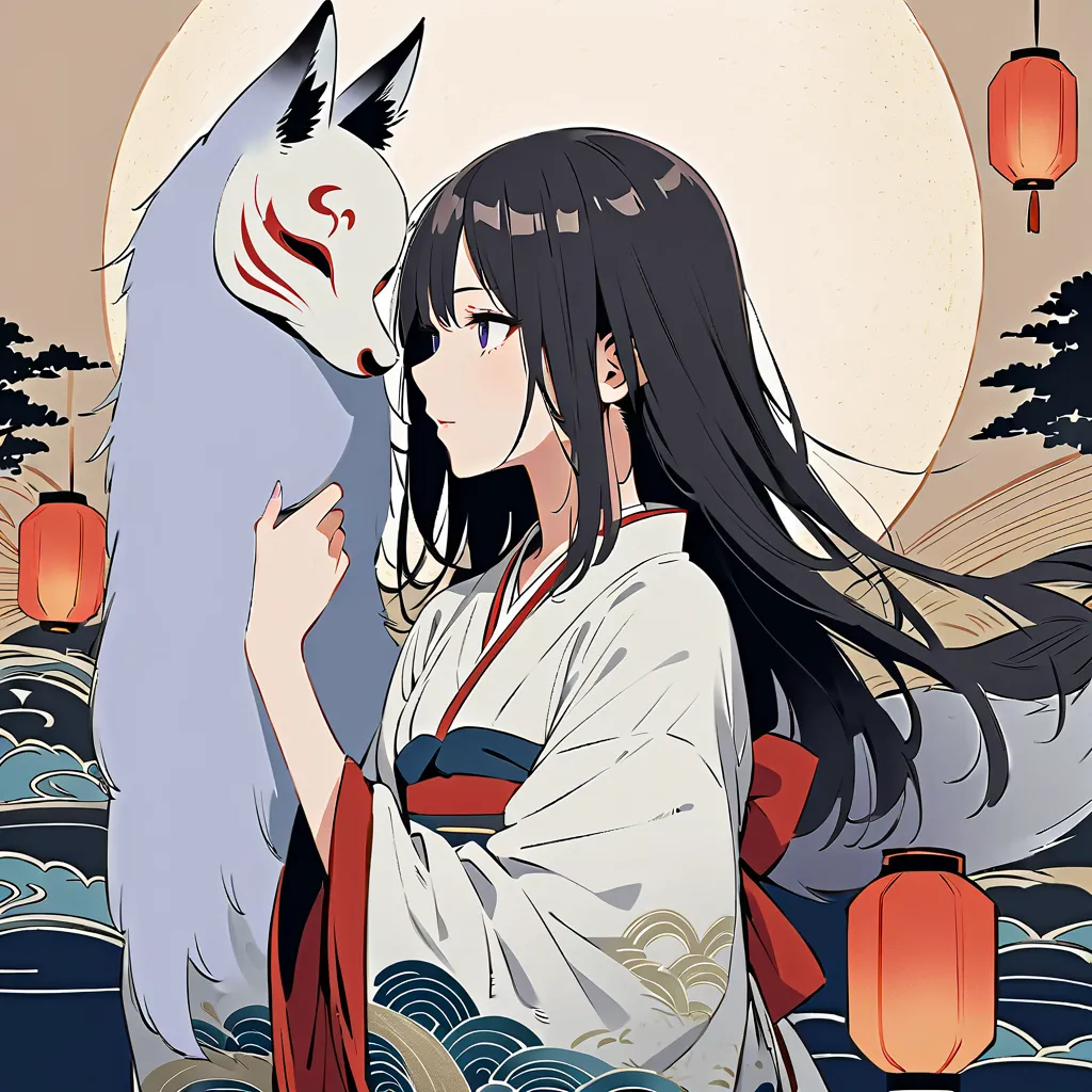 ((((Hiroshige Utagawa)))),A beautiful anime-style fox priestess (kitsune miko) standing under a glowing full moon, holding a mystical fox mask in one hand. She wears a flowing red and white kimono with intricate golden patterns, resembling traditional Japa...