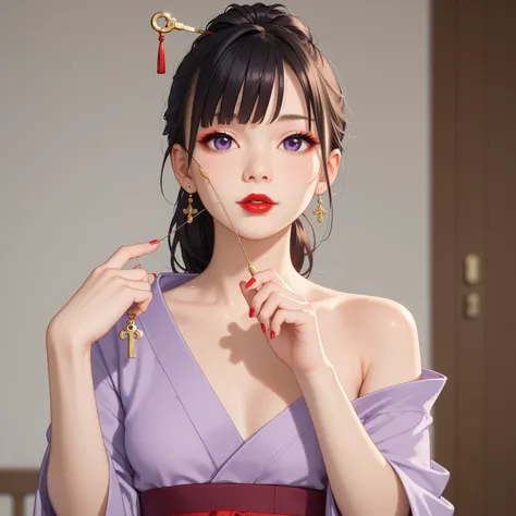 middle body shot, sexy asian woman, (asian face), red eye shadow,  pale skin, hair tied back with knitting needles, bare shoulder, skinny, middle body shot, small breasts, slim body, red lips, black hair, bangs on the face, big purple eyes, short kimano wi...