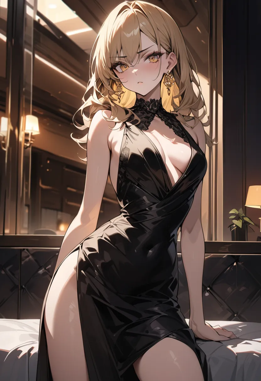 ((Greatest Masterpiece,Ultra High Quality:1.2)),(super resolution),(solo),cowboy shot,hotel,Slender woman standing by the window,beautiful faces, long golden hair,perfect golden eyes, staring at you , serious expression,high quality black party dress, gold...