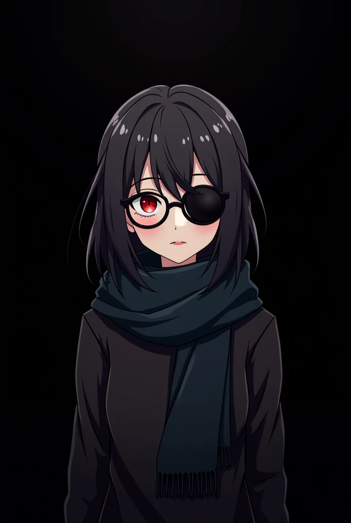 anime girl with glasses and a scarf standing in front of a black background, an anime drawing inspired by Yamagata Hiro, tumblr, vanitas, he wears an eyepatch, as an anime character, with glowing eyes, portrait gapmoe yandere grimdark, with haunted eyes an...