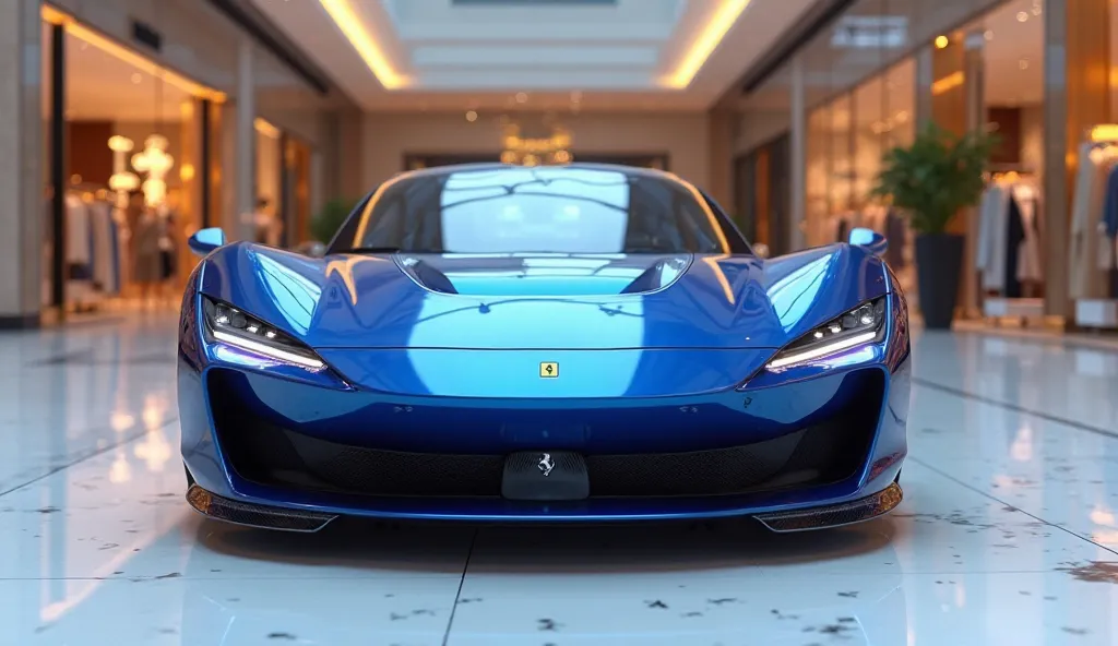 A close-up 3D-rendered image of the brand-new Ferrari F80 2025 luxury EV sedan in an ultra-shiny glossy blue color. The image showcases the full front view of the car, highlighting its sleek design, futuristic headlights, and aerodynamic grille. The backgr...