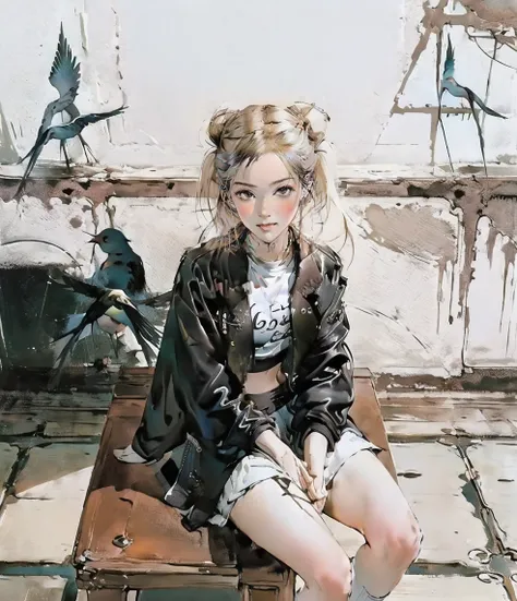 ((masterpiece:1.2)), ((Highest quality:1.2)),  1girl , rosé (blackpink), ((hair bun, short , twintails, Blonde, black leather jacket aside, white t-shirt, showing belly, black mini skirt, short red socks, white sneakers)), (sitting on floor, (( wariza)), V...