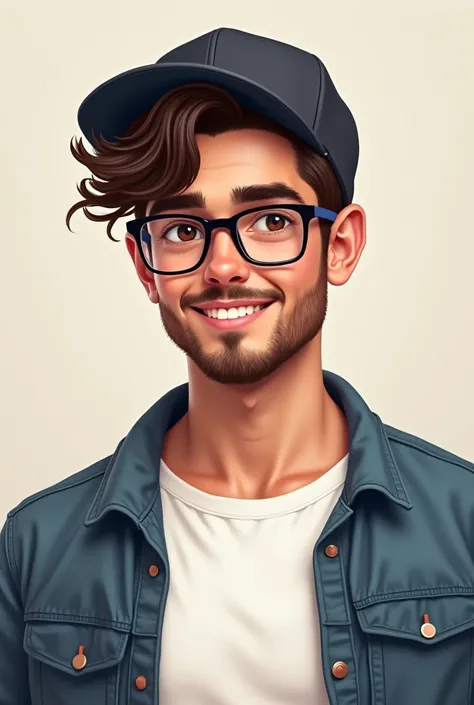 A highly detailed, semi-realistic digital illustration of a young man with a friendly expression. He has wavy, slightly messy dark brown hair flowing from under a stylish dark-colored baseball cap. His thick, well-shaped eyebrows and deep brown eyes are fr...