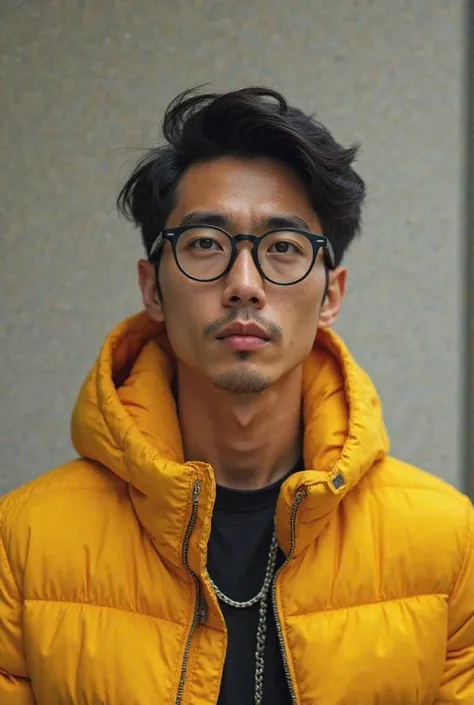 Create a picture of a man in his 30s wearing a yellow jacket, black glasses, an Asian facial shape, and a thin, dark complexion.