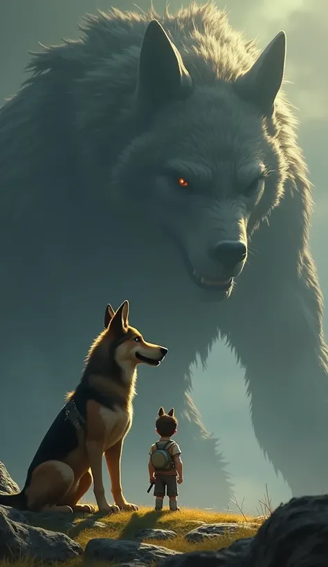 "A 3D cartoon-style cinematic image where the Last Guardian giant stone wolf looks directly at Bruno a German Shepherd black spot on his back, his words echoing like thunder. His body still glows with golden runes as he says, 'The choice is yours, young wa...