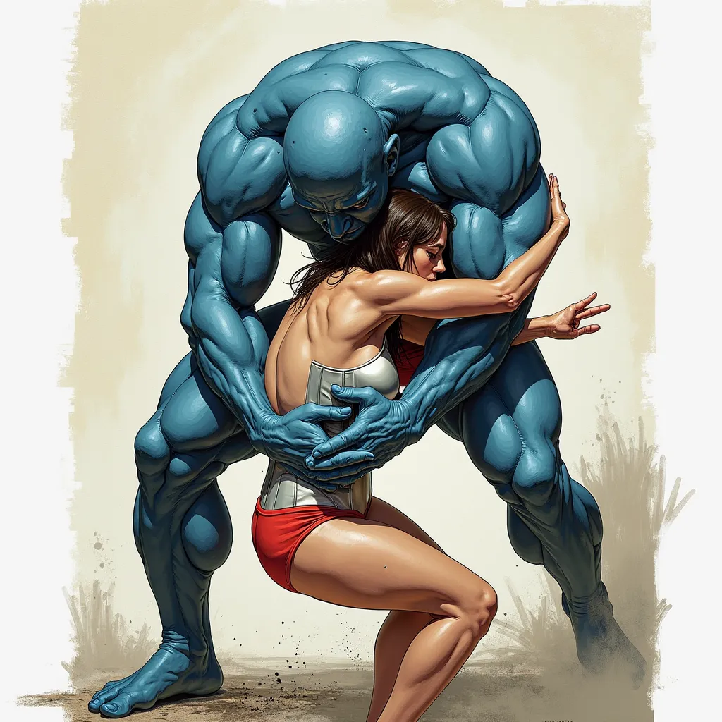 handpainting comic, over shoulder view from above, a woman, dark brown hair, full silver bodysuit, chokes by a blue skinned muscular bald man in red trunks,  The background is a neutral