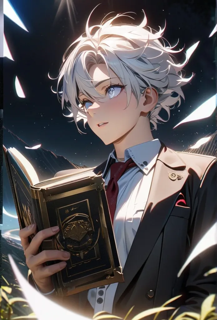 1 male, guy face, teacher, wearing white shirt, rolled up sleeves, black long pants, white hair, short hair, dense hair, face to detail, detailed eyes, bright white eyes, red tie, long full black suit, unbuttoned, the background is outside on a hill, night...