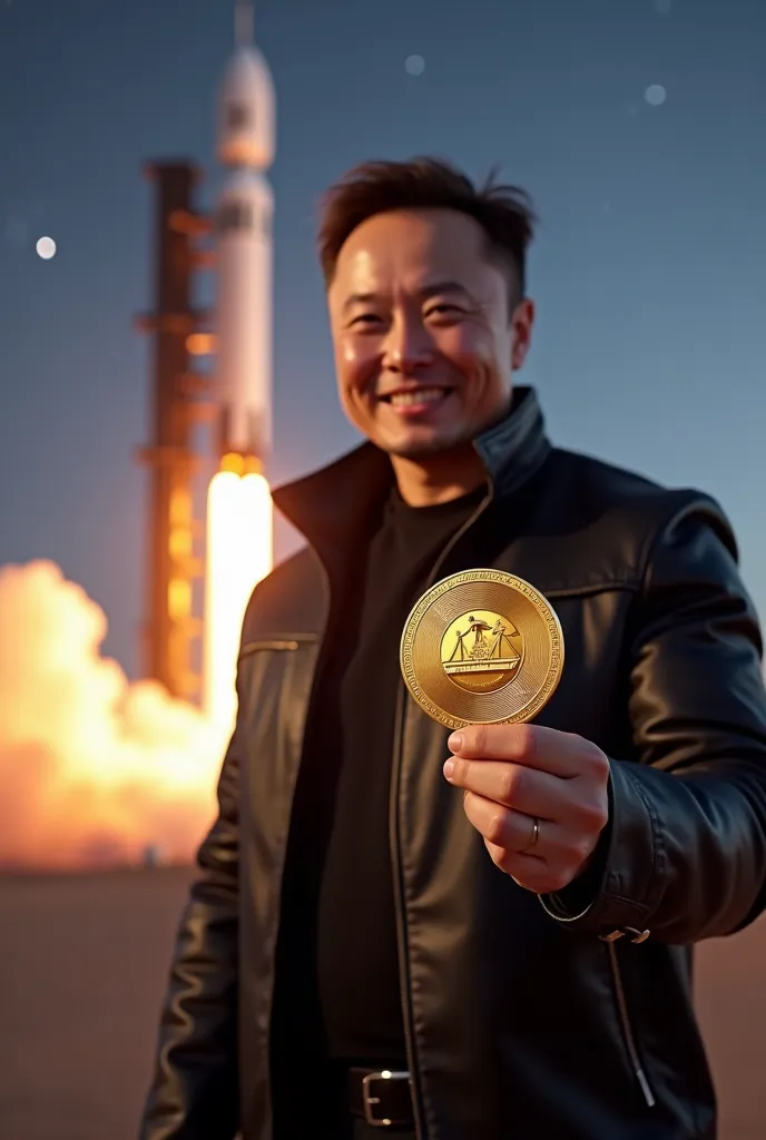 "Elon Musk holding a shiny, futuristic gold coin with the 'MoonshotDoge' logo engraved on it, displaying it proudly. The background features a massive, towering rocket, resembling SpaceX's Starship, preparing for launch with bright flames and smoke at the ...