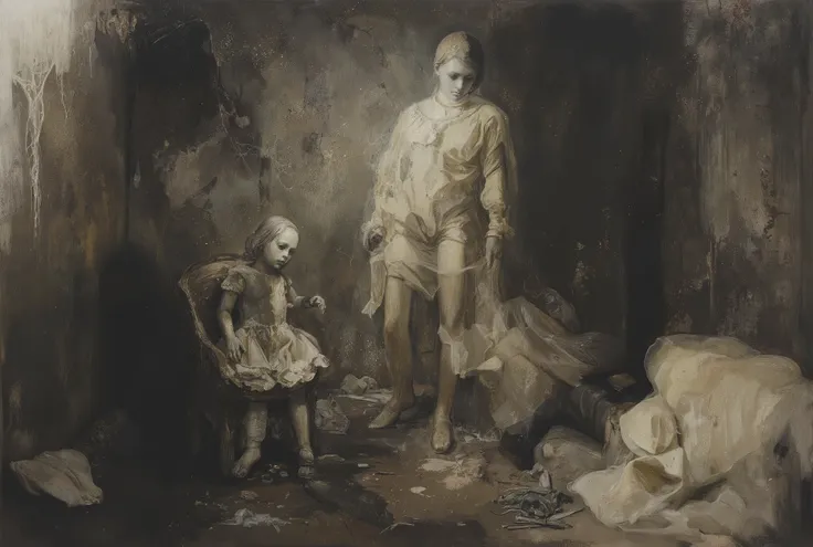 A striking illustration of a one porcelain doll in dark basement. The basement looks empty, dusty and long forgotten. Picture emanates with eerie and grim atmosphere.