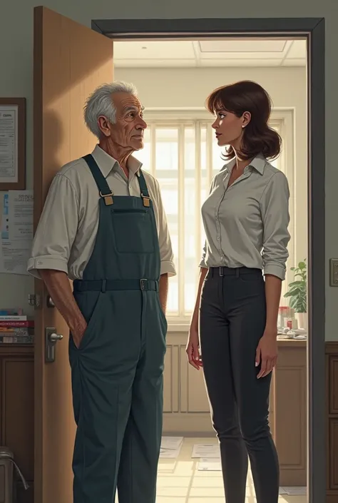 An old man in janitors clothes and a female teacher wearing white shirt leaving an office