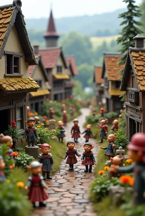 Medieval toy village, estilo slow motion, the village has cute magic elves, the village has mini medieval soldiers, dancing,  8K Ultra HD