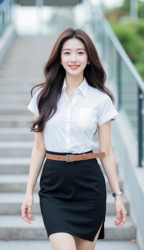 This high-quality photograph captures full body of a beautiful Thai woman 20 years old with long, wavy brown hair and light skin, looking at viewer, sweet smile. She is dressed in short sleeve white shirt , brown university belt, short pencil black skirt w...