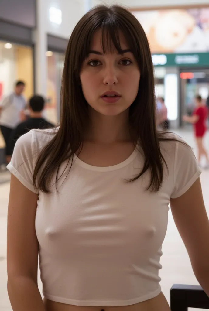 photo of a slender young woman standing at the mall. Her nipples are visible under her shirt, skinny arms, She has a confused face, close up, sexy face, She is wearing a t-shirt with no bra. Pokies. Hard nipples. She has bangs. (beautiful face), big natura...