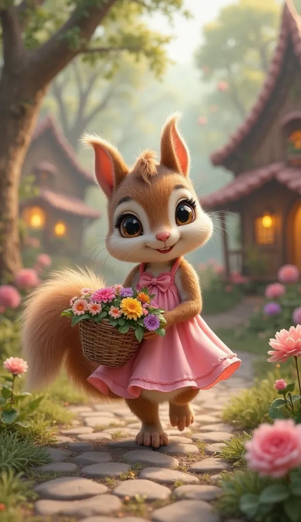 An adorable squirrel, wearing a tiny pink dress with a cute bow, carrying a basket of colorful flowers, in a whimsical forest village. The squirrel has big, sparkling eyes and a fluffy tail, smiling as it walks along a cobblestone path. The background is a...