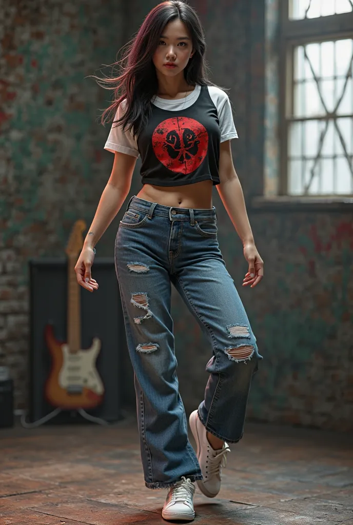 A highly detailed 3D-rendered image of a sexy and fit japaneese female dancer with a curvy physique, including a well-defined body and large chest. She is wearing a tight white t-shirt mixed black tanktop with a red rock band logo printed on it, highlighti...