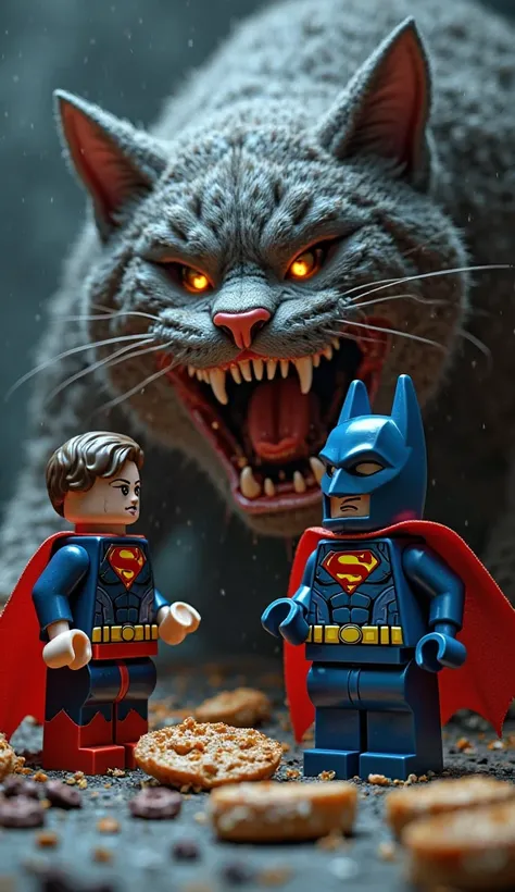 Superman and Batman in lego art, nightFood is a catastrophic cat, which is rid of the food and the breadrings next to the mouth.