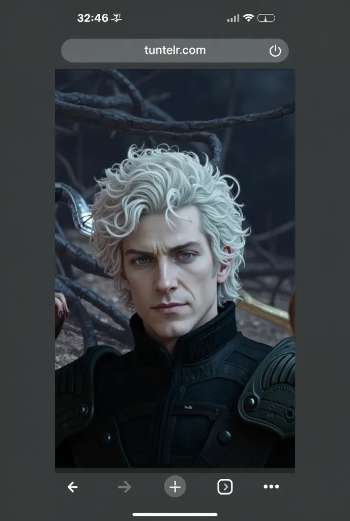 High Resolution, Accurate,atractive 40 year old model man with curly coiffed white hair medium long ,sharp features,high cheekbones,tired sharp eyes with dark cirlces,an intimidating expression dressed in a black shirt that exposes his strong chest while w...