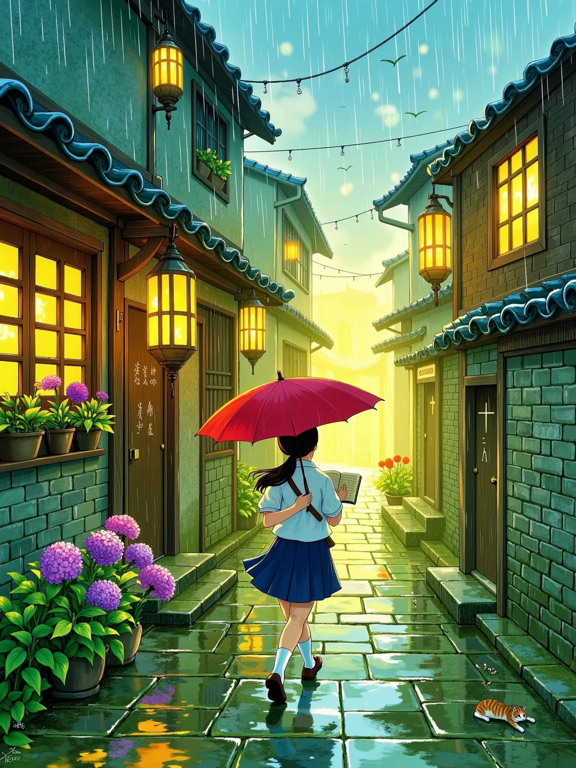 1wxch1, New fine brushwork, cartoon illustration, ren's picture book, Miyazaki Hayao, nostalgia, the alleyways of green flagstone in the plum rain season, oiled paper umbrellas blooming like moving flowers in the drizzle. Warm yellow light shines through w...