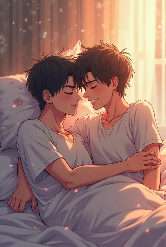 Two men cuddling in bed anime style