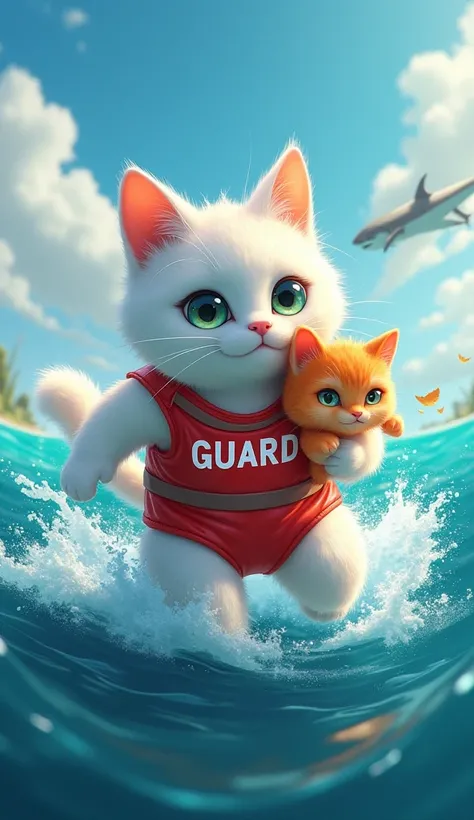 White cat wearing swimsuit with 'Guard' inscription swims out to sea carrying orange cat to rescue chased shark