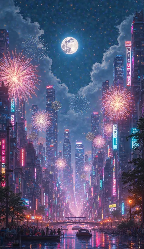 City、neon lights、Beautiful Night Scenery、Colorful、starry sky、moon,fireworks