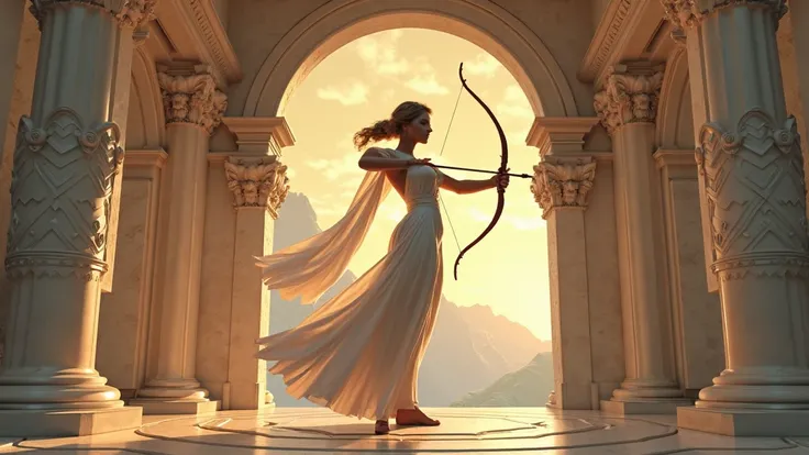 artemis godness, main colour: yelow and blue sky, main pose: little bit of jumping, taking a bow, with a readied narrow, standing in an arch castle by Greek style