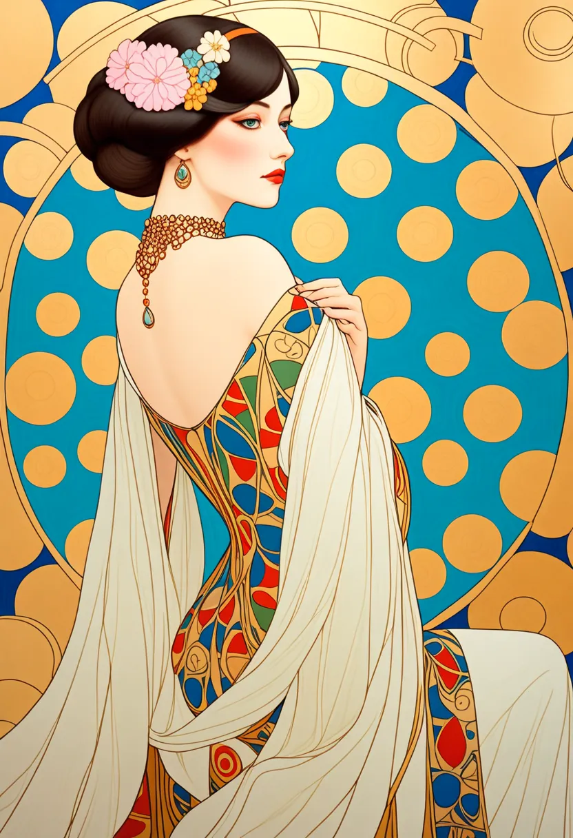 Masterpiece Painting, Wonderful,  Elegant and Sensual Women ,  Gustav Klimt :  art nouveau style, George Barbier : art deco style,  flat illustration , Looks sleepy, Kiss, Open back, Paul Klee:  Abstract Style , beautiful Japanese woman, from back,