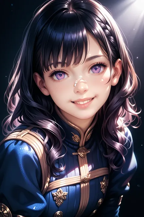 Anime girl, (ethnicity:1.0), (age:1.1), (detailed clothing:1.1), close-up, (pose:1.2), (expression:1.1), slightly smiling, (facial features:1.2), purple eyes, dark hair,  (detailed hair:1.2), dark gray/navy blue outfit, upper body, (body type:1.0), leaning...