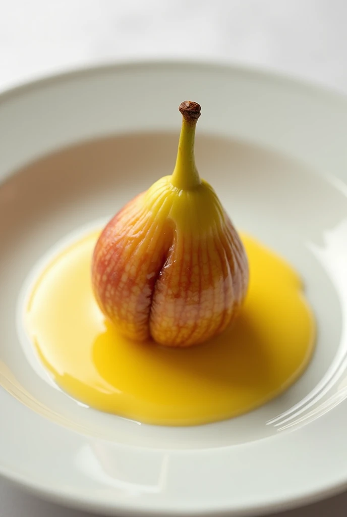 A cheeky fig gesture artfully rendered with melted butter on a porcelain plate, high-angle shot, soft studio lighting, culinary photography, playful composition.