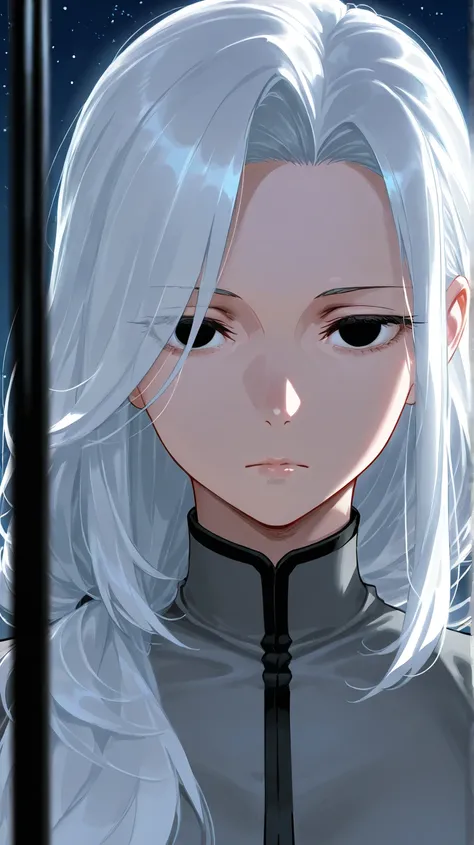 best quality, masterpiece, 1girl, solo, expressionless, black eyes, white hair,,prison uniform, prison background, standing, front shot, night, upper body, mature