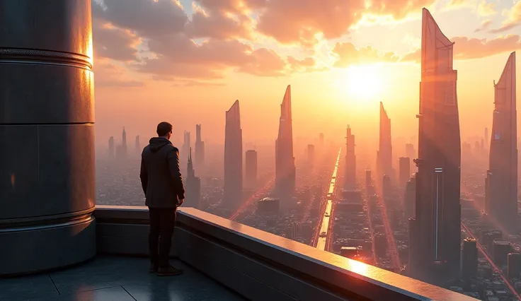 Viewpoint of a futuristic city dawning, The sun dazzles, huge skyscrapers, futuristic to the maximum, maximum detail. You can see the floor of the viewpoint and a railing wall.