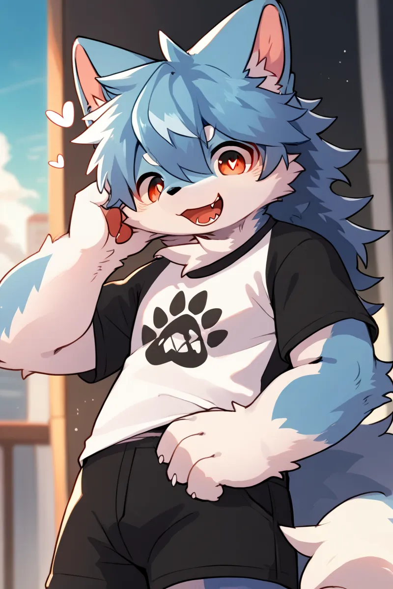 score_8_up, score_7_up, score_6, source_furry, source_anime, very detailed, ((furry, (kemono), anthro)), solo, solo focus, furred_wolf, long fur, fluffy fur, wolf ears, fluffy tail, grey body, red eyes, blue hair, T-shirt, cute face, (male:1.5), kawaii, ex...