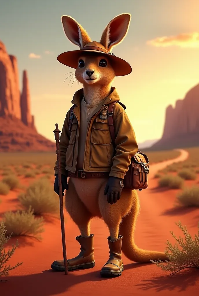 Desert Explorer Kangaroo (Australia)
 Description :  An anthropomorphic kangaroo , standing like a human, wearing Australian outback explorer clothes. He wears a leather hat with folded brims, a brown jacket and travel boots. His strong tail balances his b...