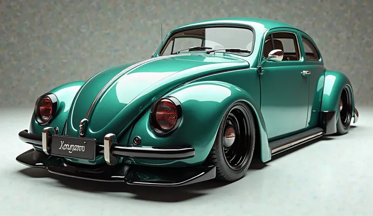 create an ultra-detailed 3D render front side  view, of a modern 1975 Volkswagen Karmann a bold designy  looking long like limousine captured from close front side  view. The car should feature a 'Gleamy oily aqua green ' color and black accents with a ' V...