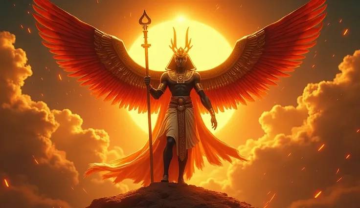 "Create a powerful and majestic image of Ra-Hokhuit, represented as a divine figure with a head by Falcão, inspired by Egyptian iconography.  he's standing, imposing, holding a scepter and an ankh ( symbol of life ), with an aura of fire and golden light r...