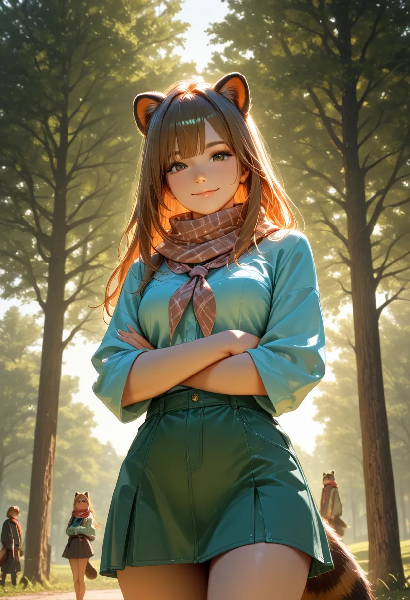 bangs, chest, with my arms crossed, raccoon ears, raccoon girl, long hair, scarf, smile, standing, Tail, upper body, shirt, mini skirt, from below, looking at viewer, cowboy shot, dynamic angle, outside, in the park, realistic, xss, 