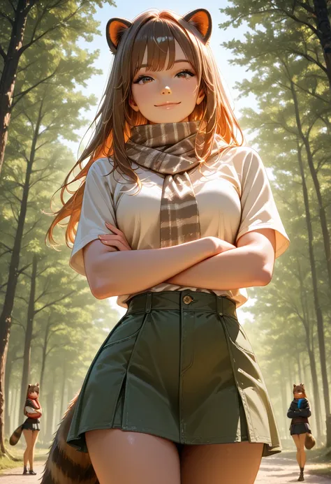 bangs, chest, with my arms crossed, raccoon ears, raccoon girl, long hair, scarf, smile, standing, Tail, upper body, shirt, mini skirt, from below, looking at viewer, cowboy shot, dynamic angle, outside, in the park, realistic, xss, 